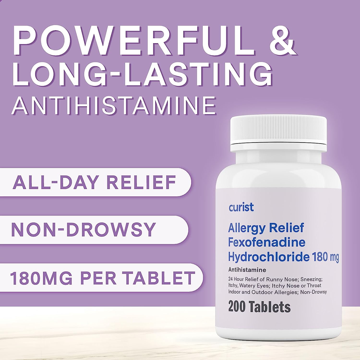 Curist Fexofenadine 180mg Tablet 200 Count Fexofenadine Hydrochloride 180 mg Antihistamine Allergy Relief