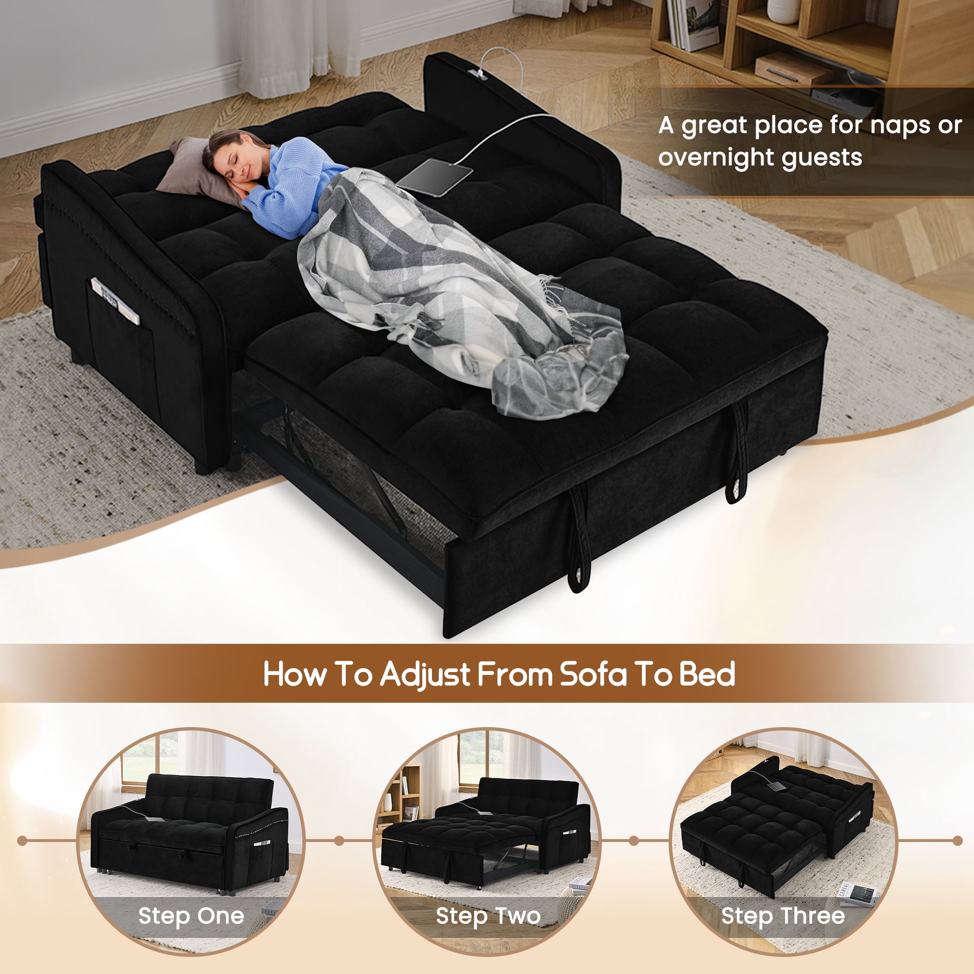 Lunale Pull Out Sofa Bed, Loveseat Sleeper with USB/Type-C, Adjust Back, Convertible Sleeper Sofa for Living Room/Apartment, Black Velvet