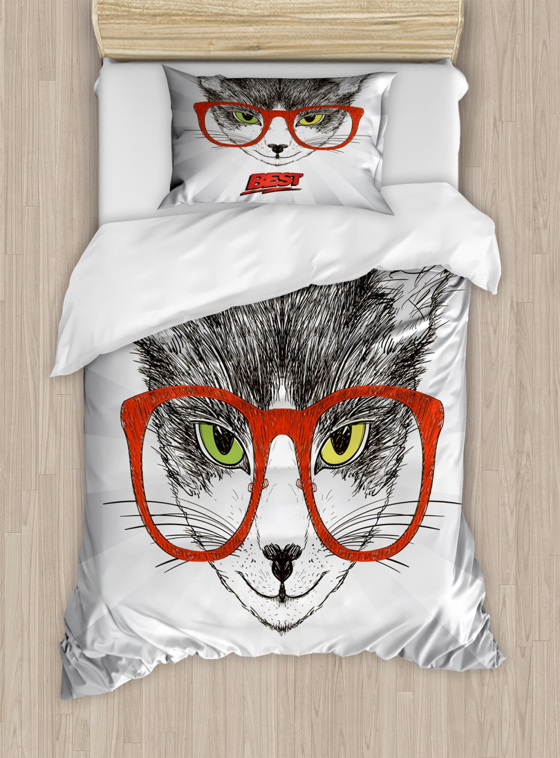 Nerdy Duvet Cover Set Twin Size, Cat Portrait Hipster Glasses on