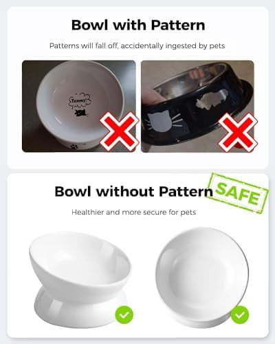Elevated Cat Food Bowl, 5 Oz Ceramic Raised and Tilted Water Bowl, Anti Vomiting and Protect Pets' Spines Dishes for Small Dog, Fat Faced Cat, Kitten (White, 10 OZ)