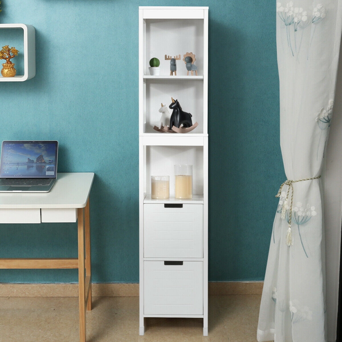 Gymax Bathroom Floor Cabinet Multifunctional Storage Organizer 5Tier Shelves&2 Drawers