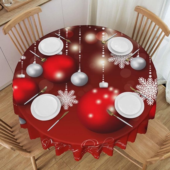Tablecloth Christmas Red Glitter Snowflake Ball Round 60 x 60 Inch Table Cover Polyester Stain and Wrinkle Resistant Table Cloth for Kitchen Dining Coffee Party