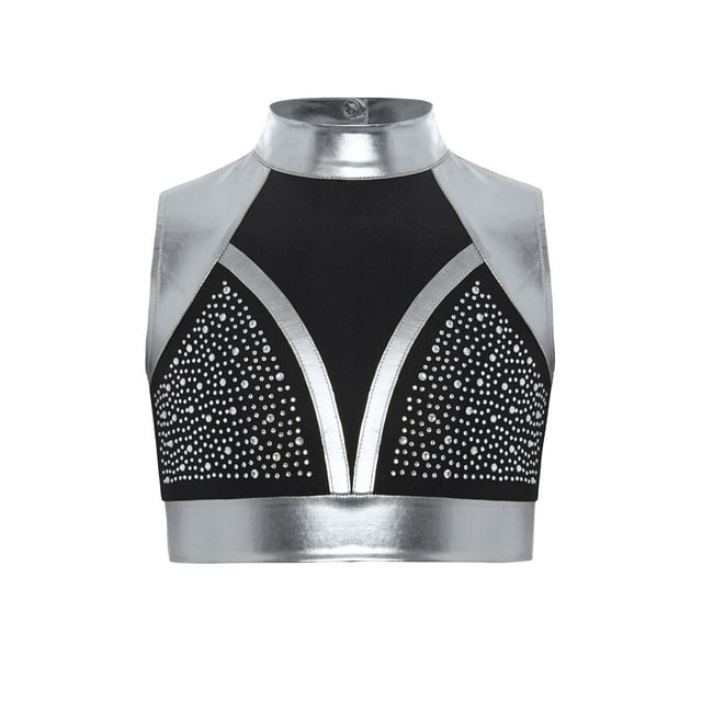 inlzdz Kids Girls Mock Neck Metallic Shiny Rhinestone Ballet Dance Crop Tank Top Workout Yoga Silver 8