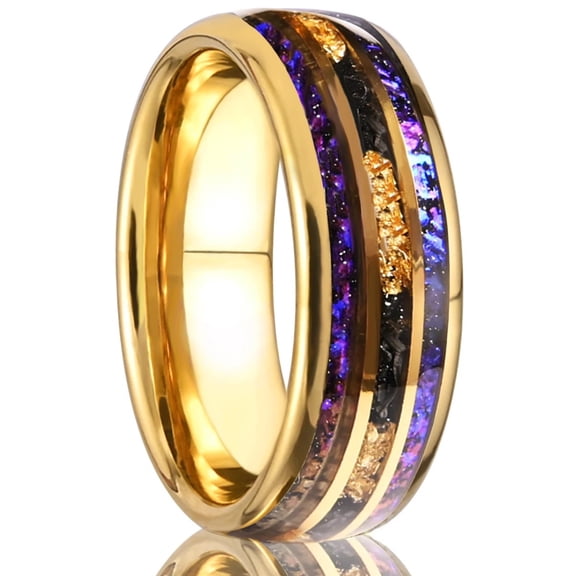 8mm Wide Spherical Tungsten Carbide Ring with Hand-inlaid Opal and Gold Leaf Accents