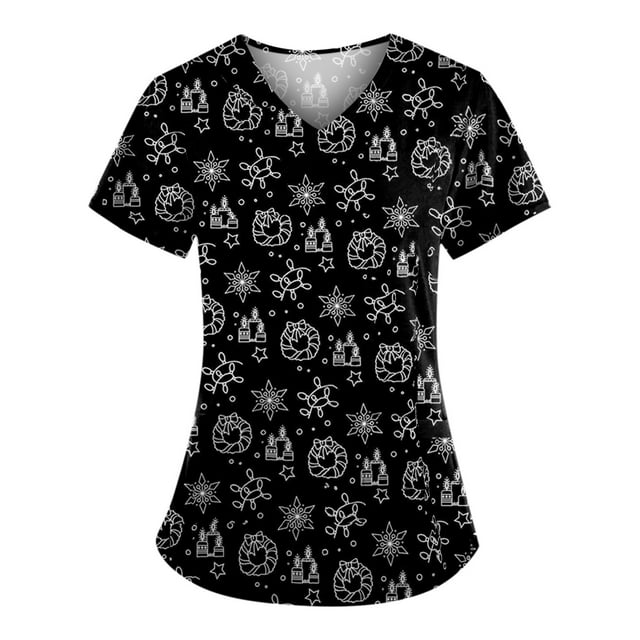 TIMIFIS Blouse d'Uniforme Imprimée de Noël pour les Fêtes, Hauts d'Uniforme Imprimés d'Halloween, Bonhomme de Neige, Manches Courtes, Col en V, Tunique de Travail pour Soins Infirmiers, Blouse d'Uniforme de Travail avec Poches - Noir Automne/hiver P