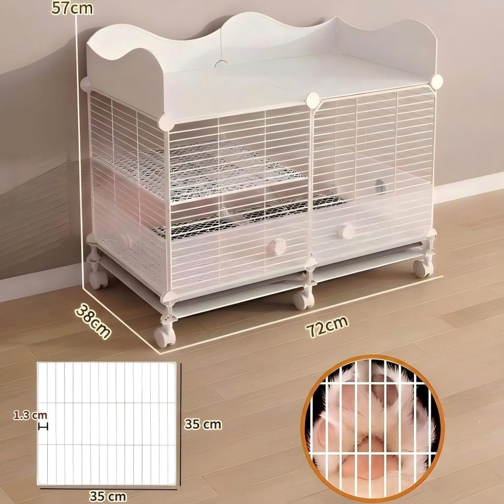 Aqwiopr Indoor Small Animal Cage with Storage Top & Wheels - Rolling Metal Habitat for Rabbits, Guinea Pigs, & Ferrets - Leak-Proof Trays & Ramp