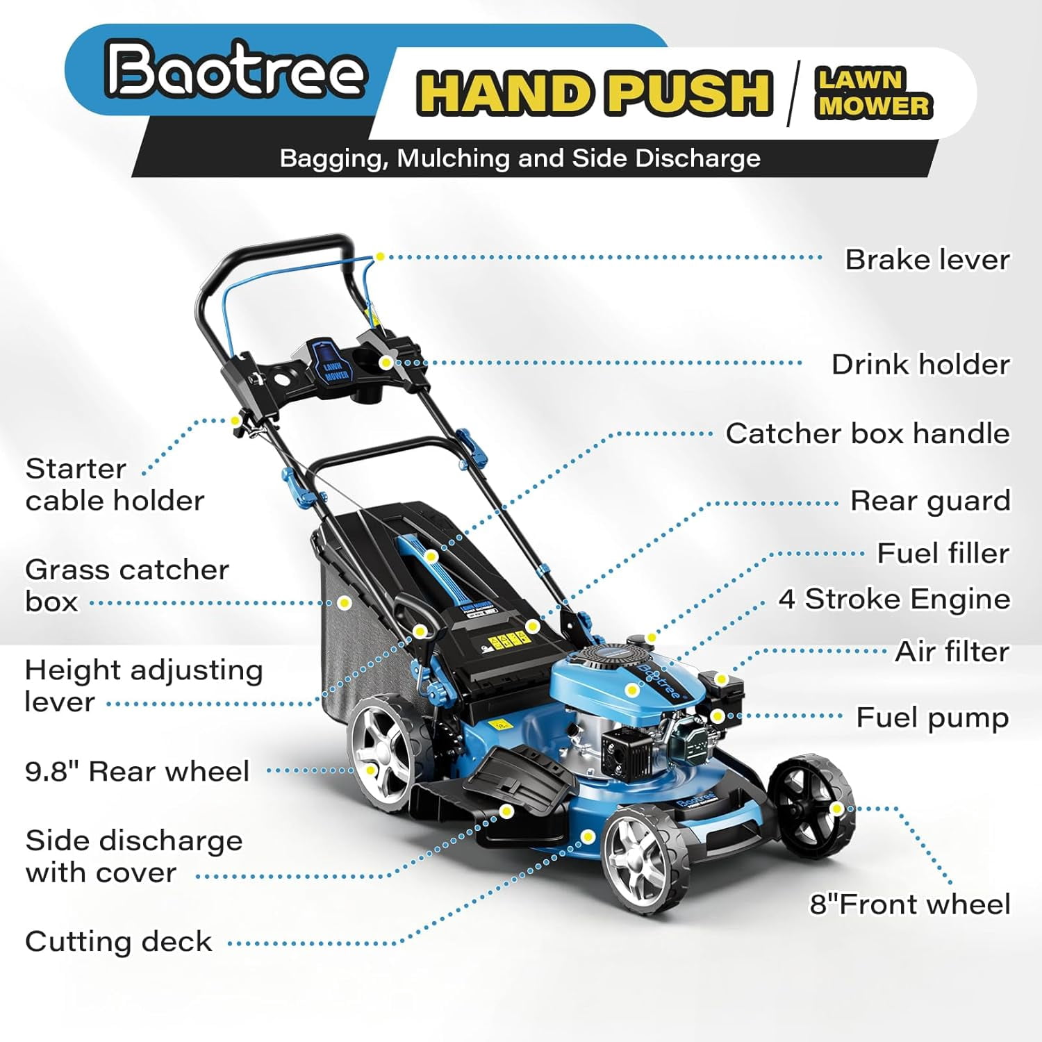 Gas Powered Push Lawn Mower, 21" Cutting Deck, 201cc 4-Cycle Engine, 7-Level Height Adjustment, 3-in-1 Bagging Mulching Side Discharge