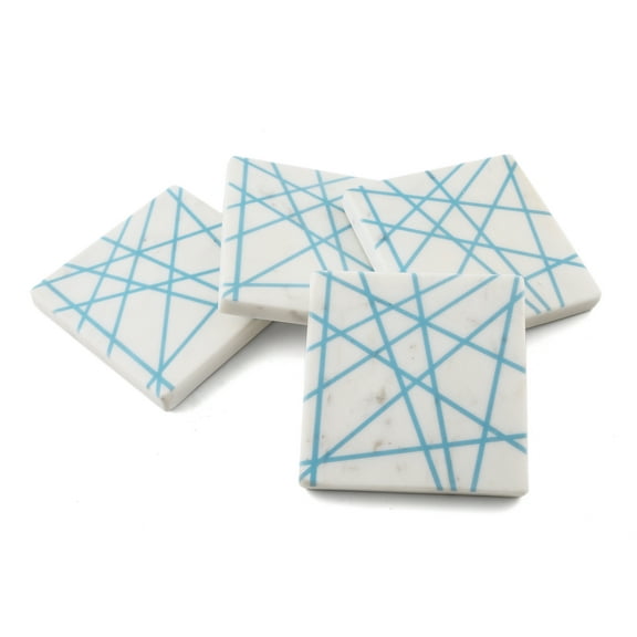 Thirstystone Indigo Collection Square Marble Inlay Coasters, White with Blue Stripe, Set of 4