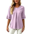 thumbnail image 2 of ClodeEU Women's Round Neck Pleated 3/4 Sleeve Tunic Blouse Top,Casual Loose Shirt Purple,Women's Plus XXL, 2 of 9