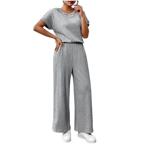 Roncen Women's Solid Color Knitted Twist Texture Short Sleeve Top & Elastic Waist Pants Set - Round Neck T-Shirt/Shirt Combo with Pockets, Casual Two-Piece Outfit