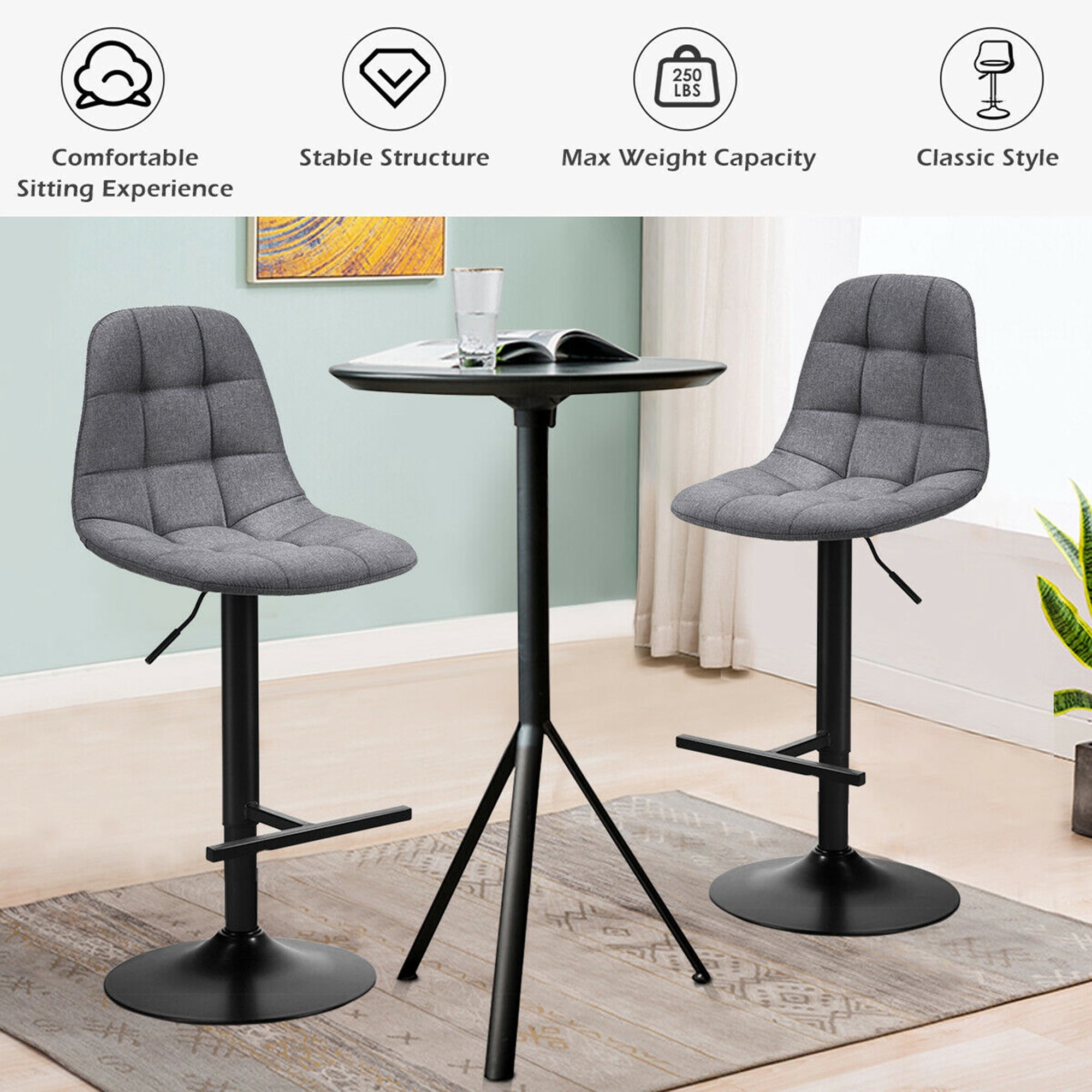 Gymax Set of 2 Swivel Counter Adjustable Bar Stools Height Linen Chairs with Back Gray