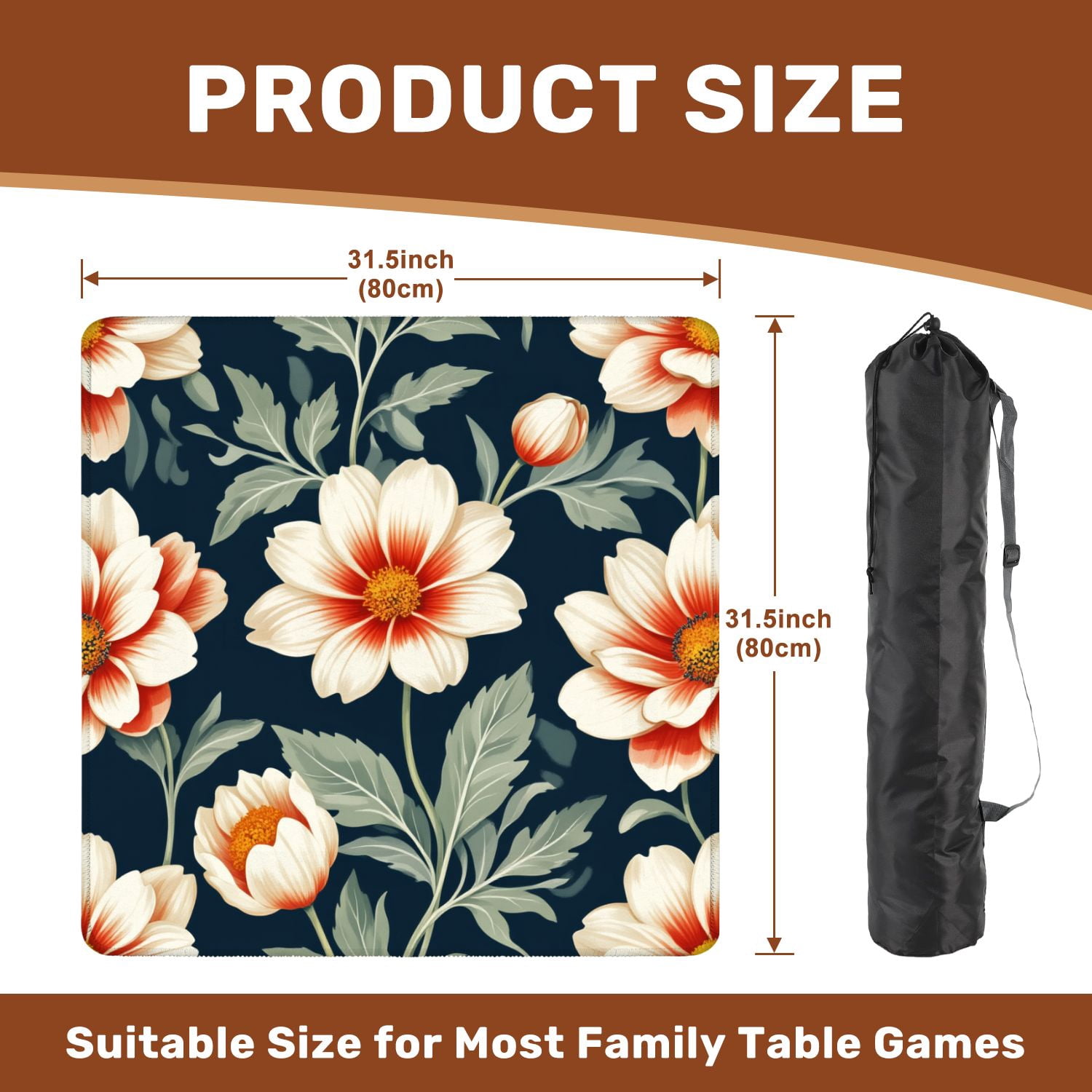 Mahjong Mat 31.5" x 31.5" Elegant Floral Cream Orange Flowers Dark Non-Slip Noise Reduction American Mahjong Tiles Table Cover for Dominoes Poker Card Board Games Gift