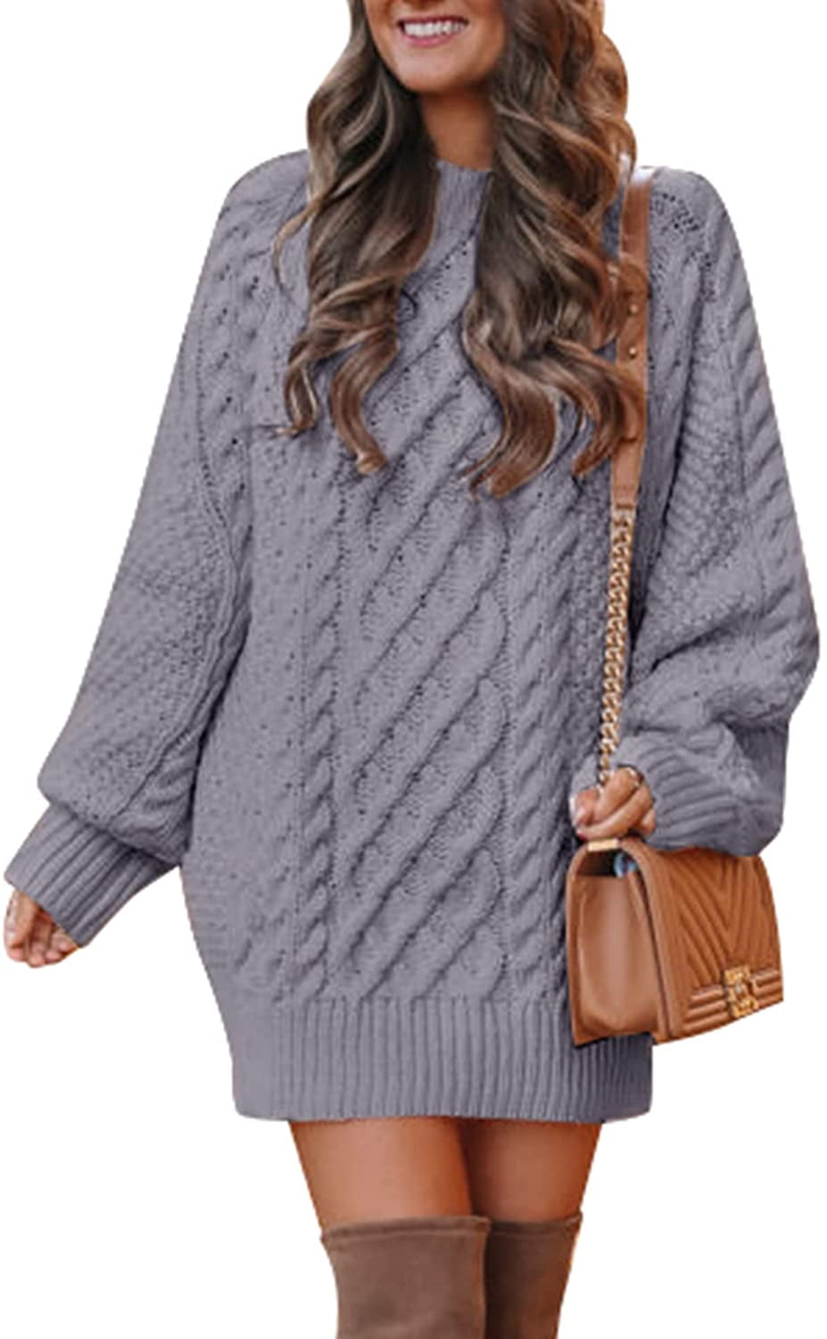 Borke Women's Crewneck Long Sleeve Cable Knit Sweater Dress Slouchy  Oversized Chunky Pullover Dresses