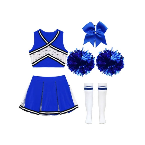 renvena irls Cheer Dance Costume Halloween Sleeveless Crop Top Pleated Skirt Cheerleading Uniform Dress A Blue 14