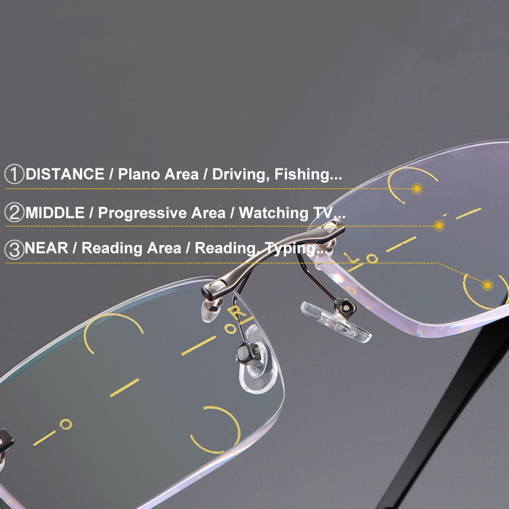 Mens Rimless Progressive Reading Glasses 2.75 Multifocus Blue Light Blocking Business Gunmetal Rectangular Readers +2.75 Strength