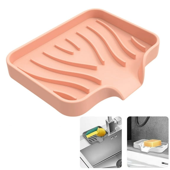 Bxaolu Silicone Bathroom Soap Dishes with Drain - Kitchen Sink Organizer, Sponge Holder, Dish Soap Tray, Great for Dispenser, Scrubber, Bottle,Cup on Sink or Counter-Pink