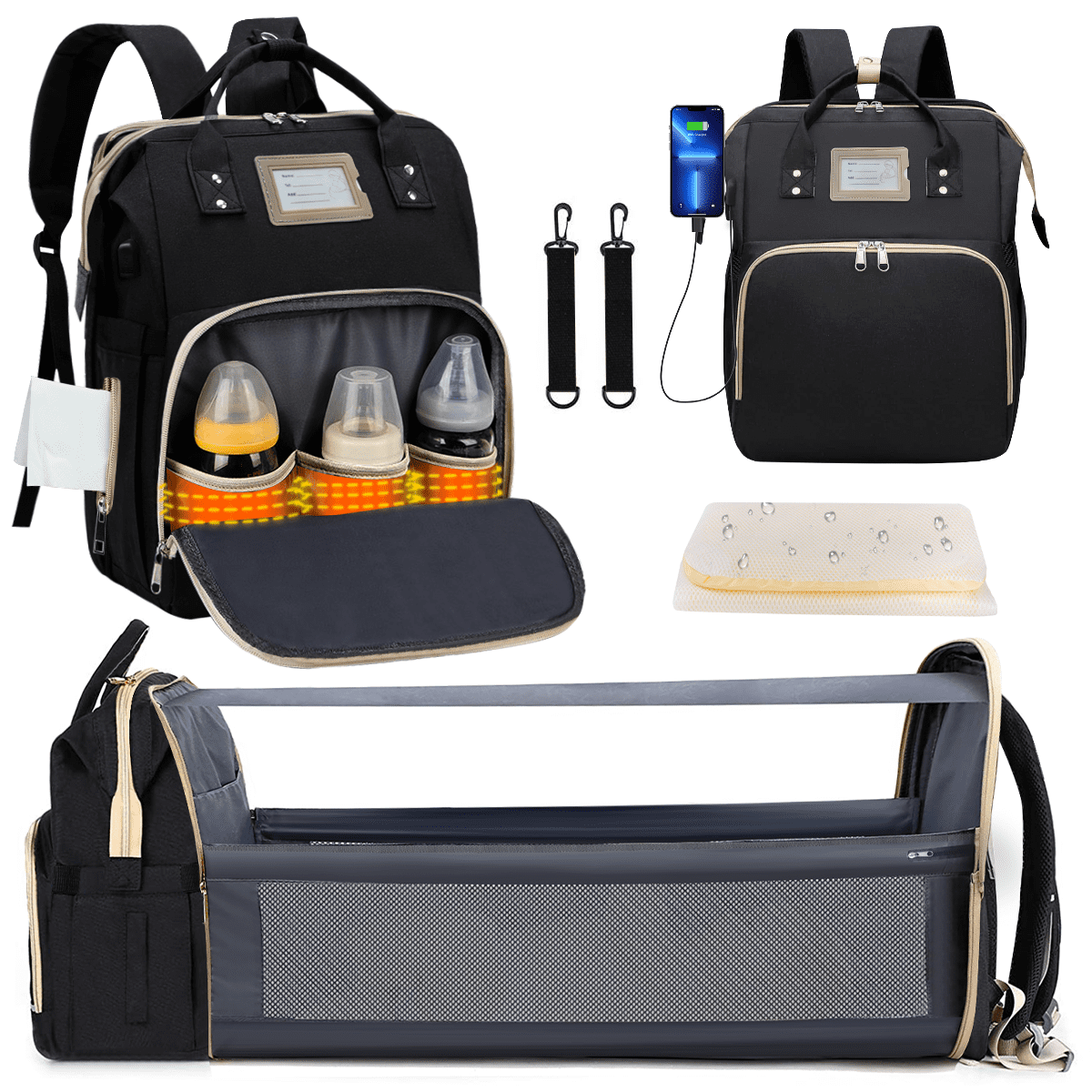 GPED Diaper Bag Backpack with Foldable Crib and Changing Pad