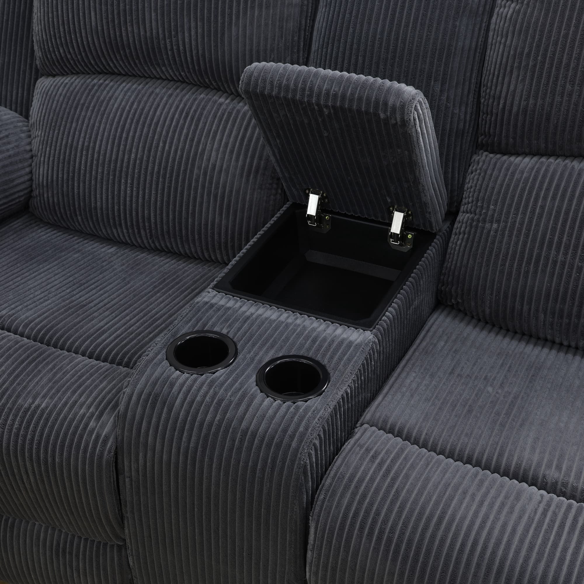 MAYEERTY Reclining Loveseat, Manual 2-Seat Fabric Recliner with Storage & Cup Holders for Living Room, Dark Grey