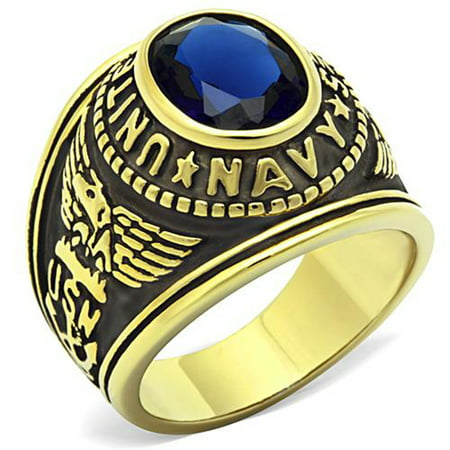 Stainless Steel US Navy USN Military Ring Gold Plated with Blue Stone, Size 12