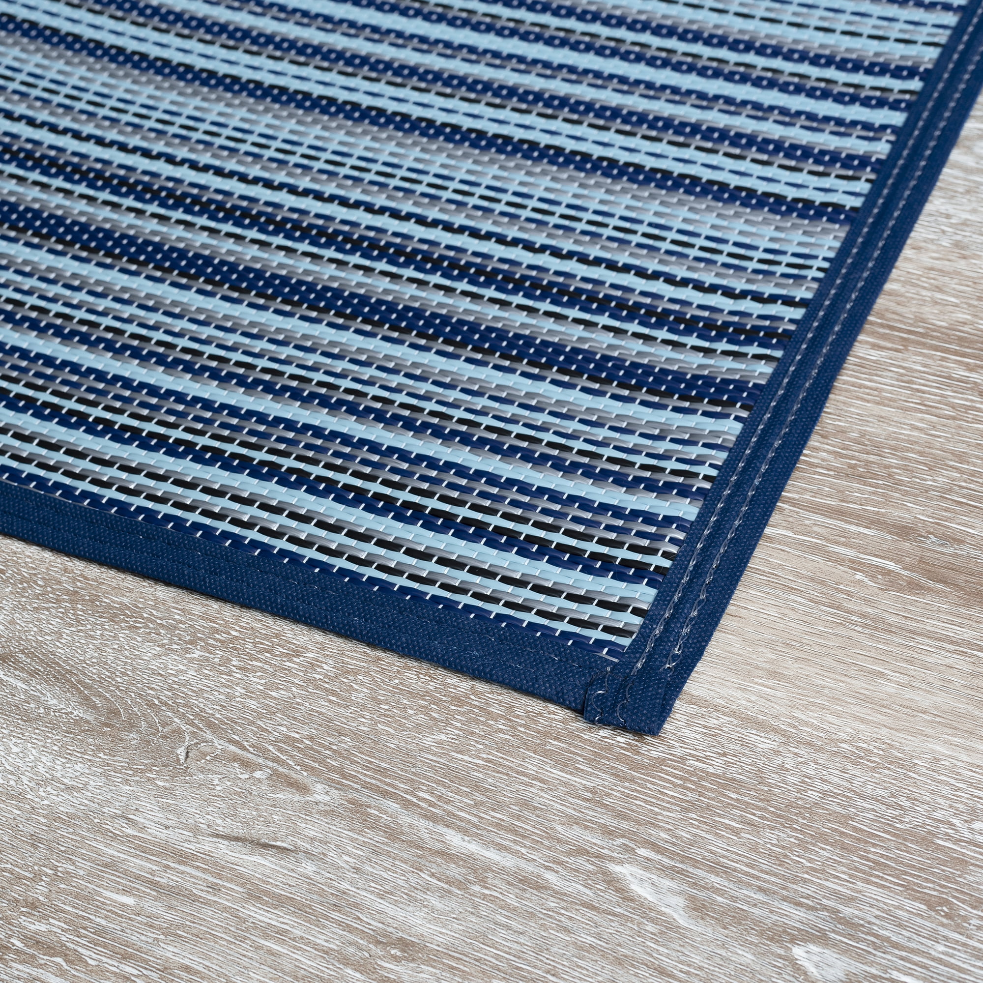 5x7 Waterproof, Reversible Plastic Straw Outdoor Rugs for Patios | Also for Camping, RV, Deck, Porch, Balcony, Camp, Patio | Navy, Stripes | Size: 5' x 6'11''