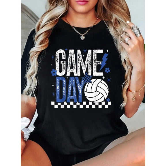 Volleyball Game Day Girls Checkered Mom Blue & White T-Shirt