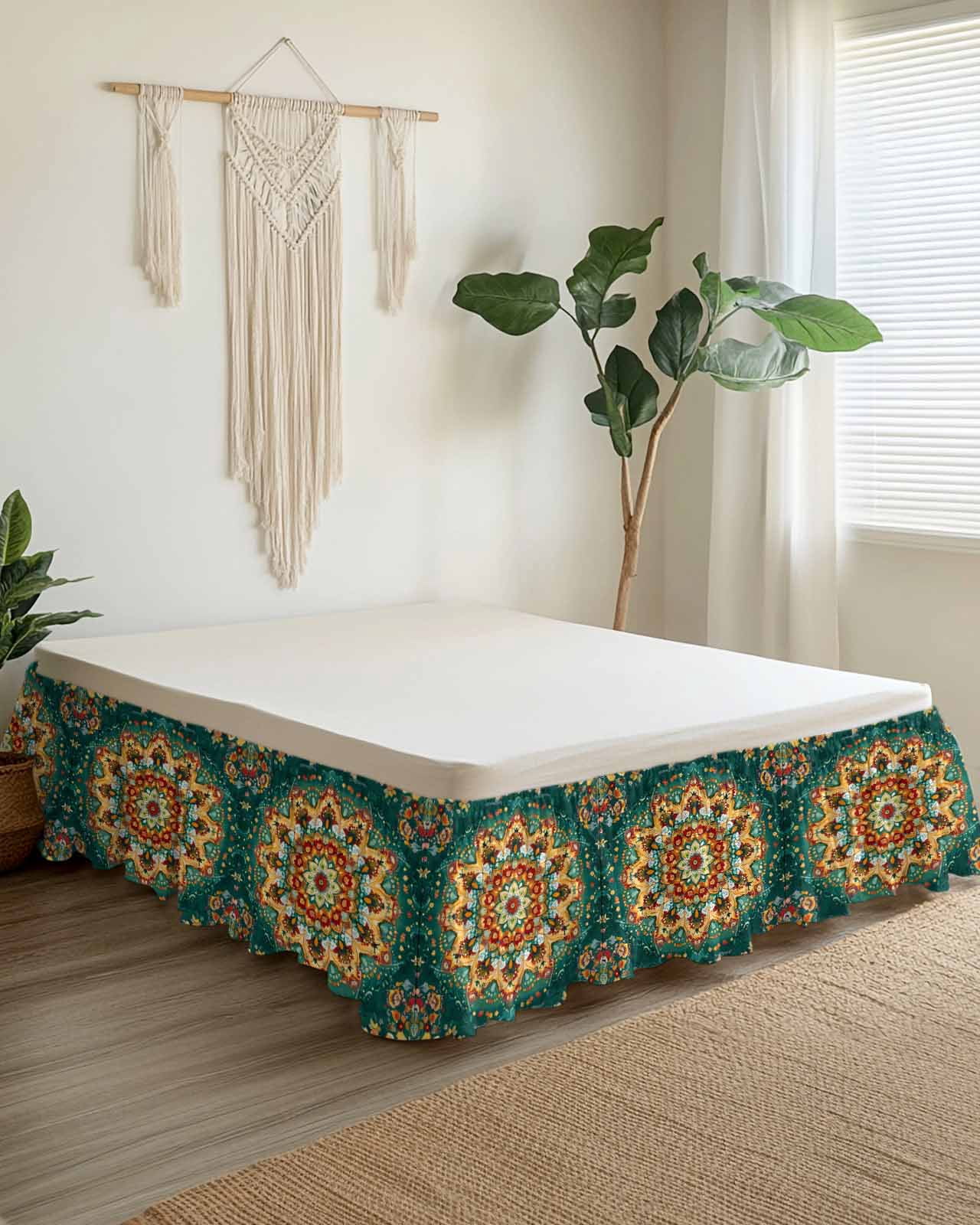 Boho Flower Wrap Around Bed Skirts for Queen Bed 16" Drop,Bed Skirt with Adjustable Elastic Belt Dust Ruffle Bed Valance for Bedroom Hotel Yellow Green Bohemian Colorful Medallion Bed Frame Cover