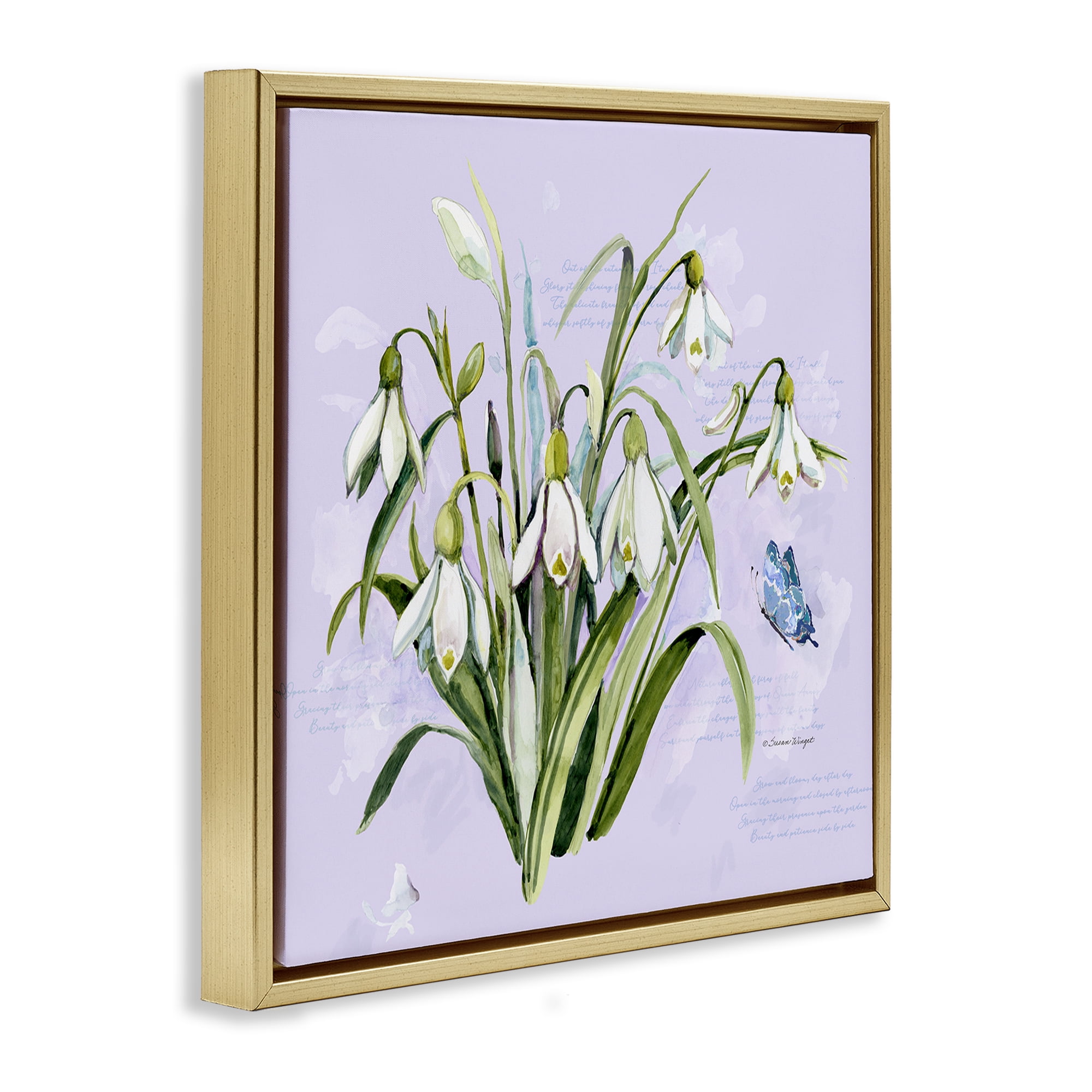 Stupell Industries Snowdrops with Vintage Writings Gold Framed Floater Canvas Wall Art, design by Susan Winget