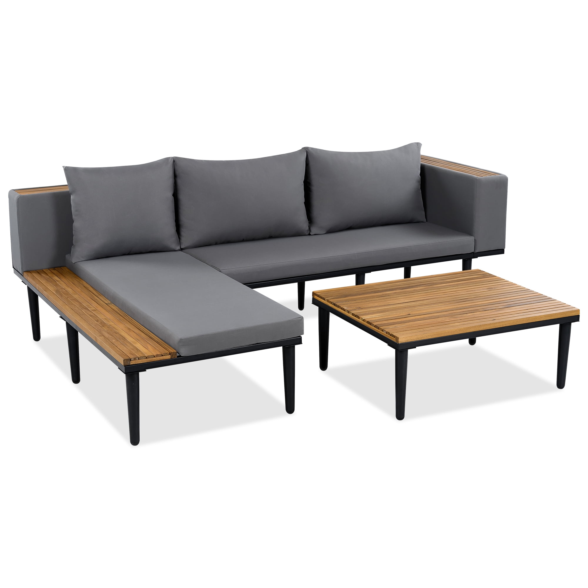 Acacia Wood L-Shaped Outdoor Sectional Sofa, Patio Conversation Set with Removable Cushions, Coffee & Side Table for Porch Backyard