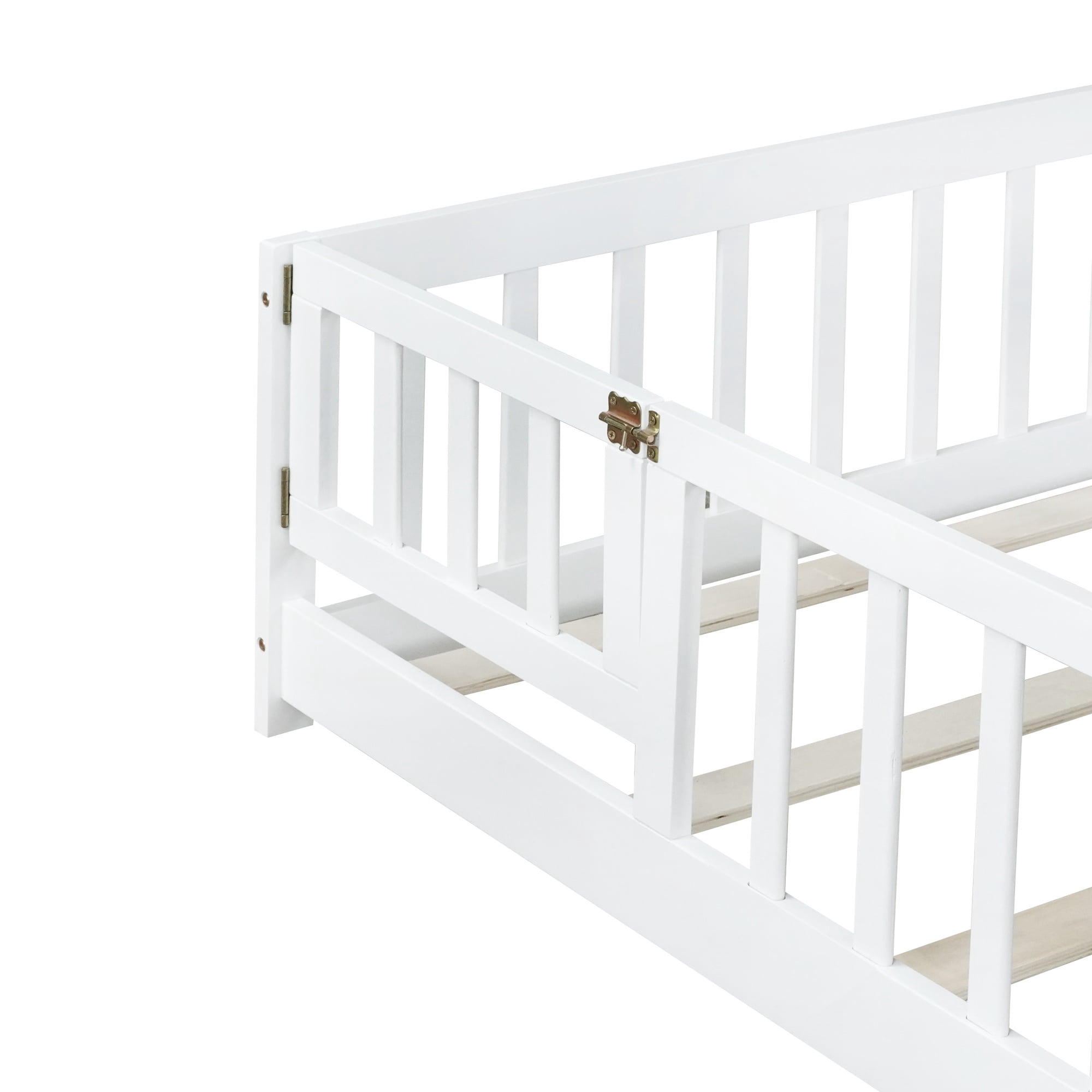 Alvantor Full Size Montessori Floor Bed for Kids with Door and Fence, Rubber Wood Toddler Platform Bed Frame, No Box Spring Needed, White
