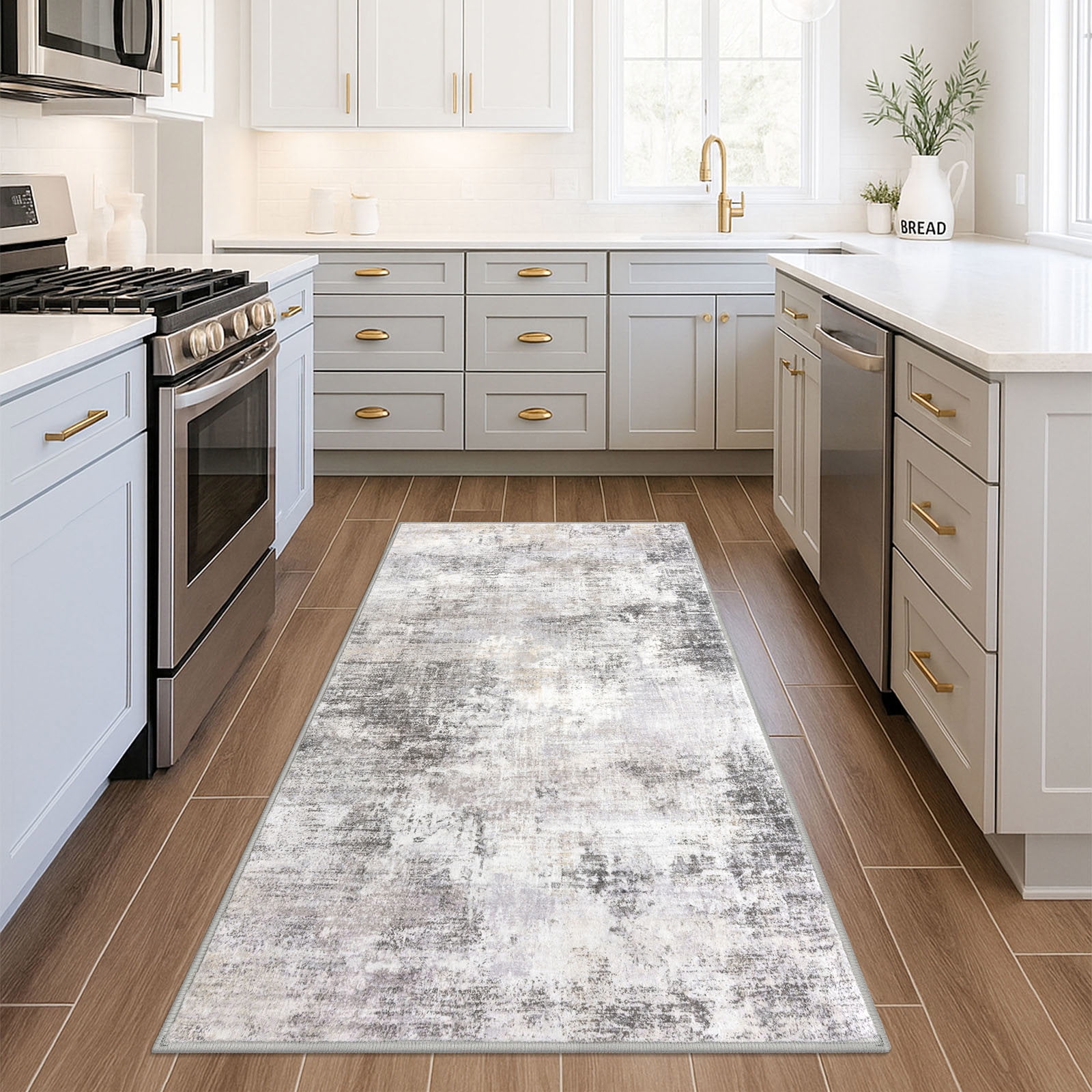 iOhouze Washable Rugs 3x5 ft Entryway Rugs Abstract Non Slip Area Rug Printed Faux Wool Soft Kitchen Rugs Indoor Rugs for Entrance Foyer Living Room Bedroom, Ash Grey/Beige