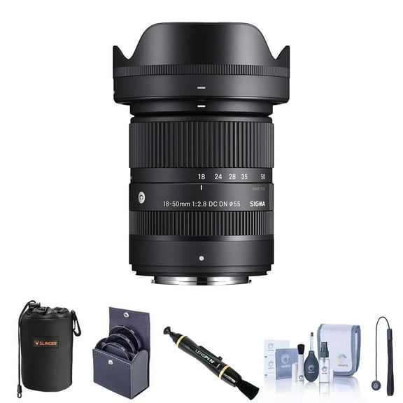 18-50mm f/2.8 DC DN Contemporary Lens for Fujifilm X Bundle with 55mm Filter Kit, Lens Pouch, Lens Cleaner, Cleaning Kit, Lens Cap Tether
