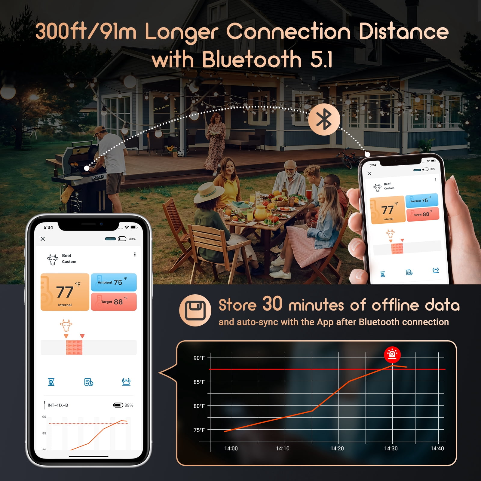 INKBIRD Wireless Bluetooth Meat Thermometer for Grilling and Smoking, App Remote Control, IP67 Waterproof, 25 Hours of Continuous Cooking, Stylish Gift