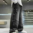 thumbnail image 4 of CPNG Boy's Star Fleece Lined Jeans Teen Boys Straight Wide Leg Button Front Zipper Casual Loose Denim Trousers Streetwear(Black,13-14 Years), 4 of 9