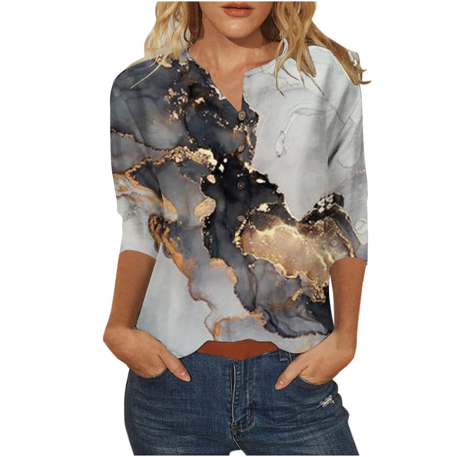 tklpehg Floral Tops for Women 3/4 Sleeve Buttons V Neck Butterfly Print ...