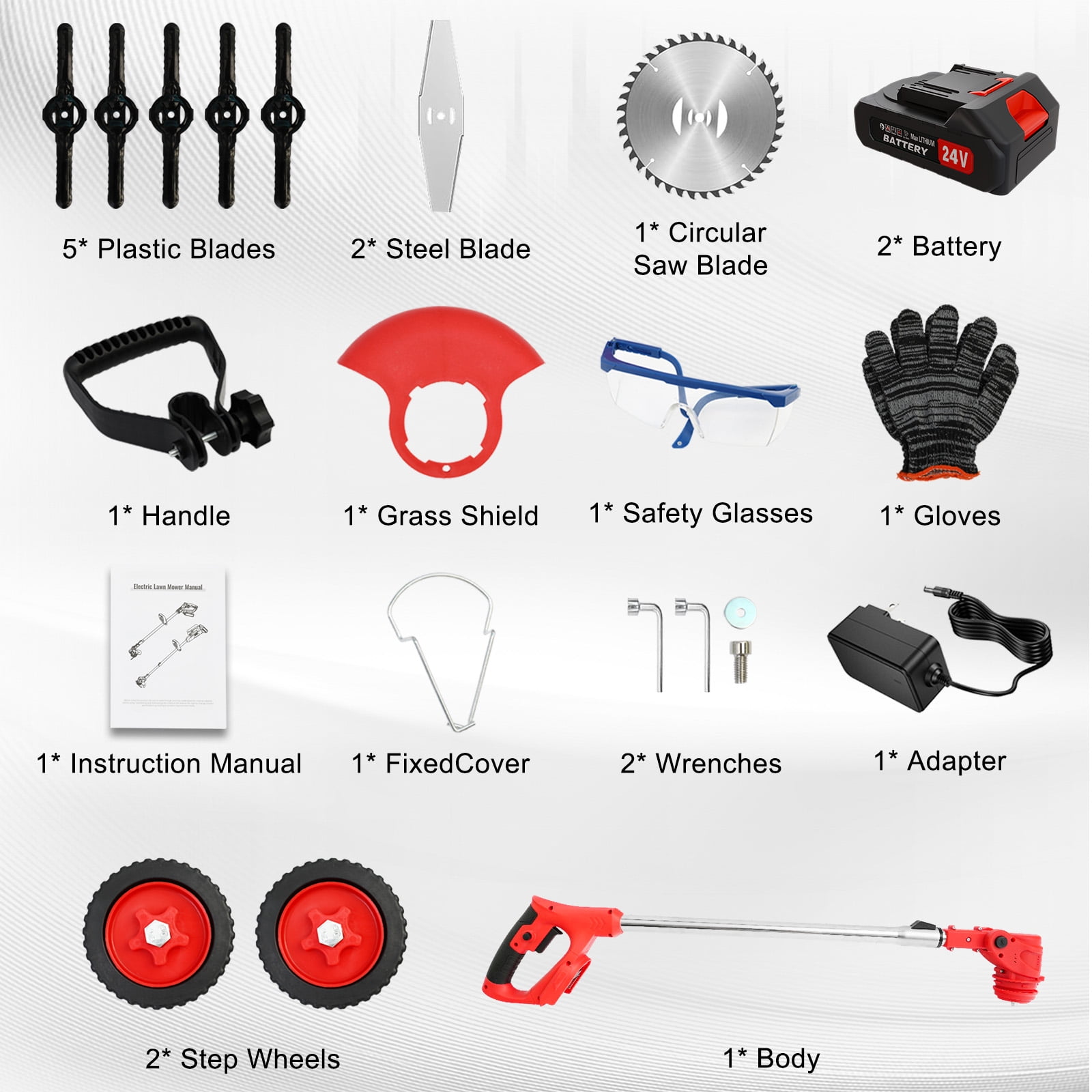 GiftGalore 24V Cordless String Trimmer, 2-in-1 Weed Wacker & Brush Cutter with 2×1300mAh Batteries & Charger, Telescopic Handle with 90° Rotating Head, Wheels & Goggles Included, Red