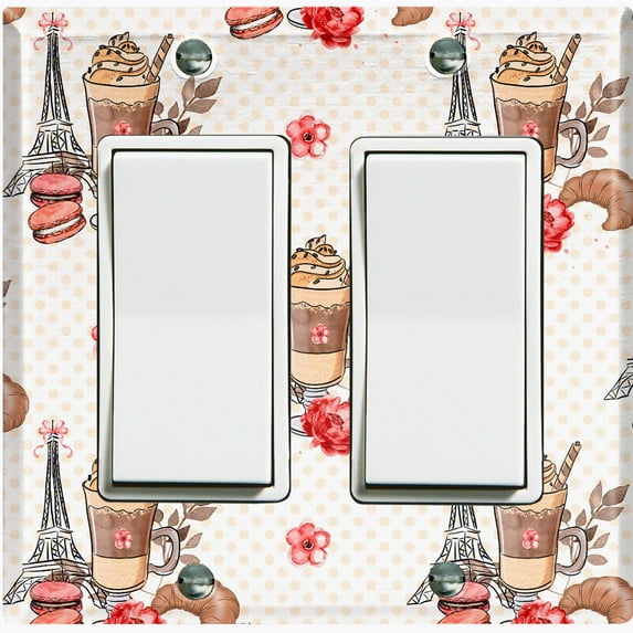 Metal Light Switch Wall Plate Outlet Cover (Coffee Mocha Espresso Shake Macaron Croissant Flower Eiffel Tower Beige Polka Dots - Double Rocker)