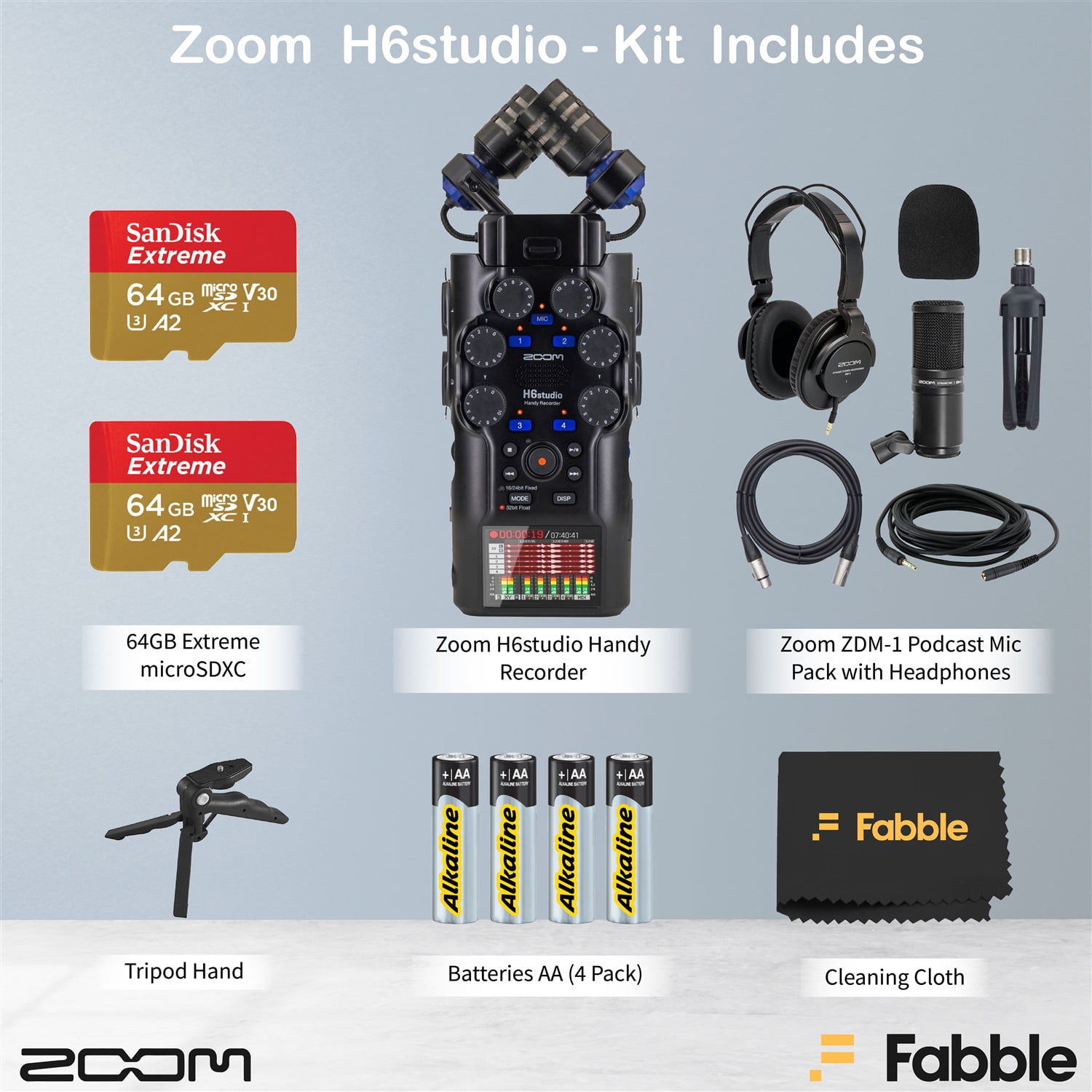 Zoom H6studio Handy Recorder Bundle with ZDM-1 Podcast Mic Packs, Headphones, Tabletop Stands, XLR Cables, Windscreens, 2X Memory Cards, Batteries, and Accessories