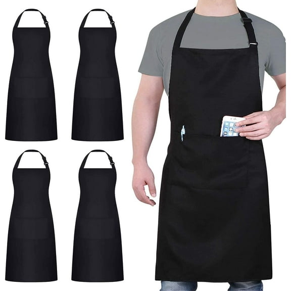 LECHONG Christmas 4 Pack Aprons for Women and Men with Pockets, Waterproof Apron, Adjustable Chef Apron for Kitchen Cooking, Black