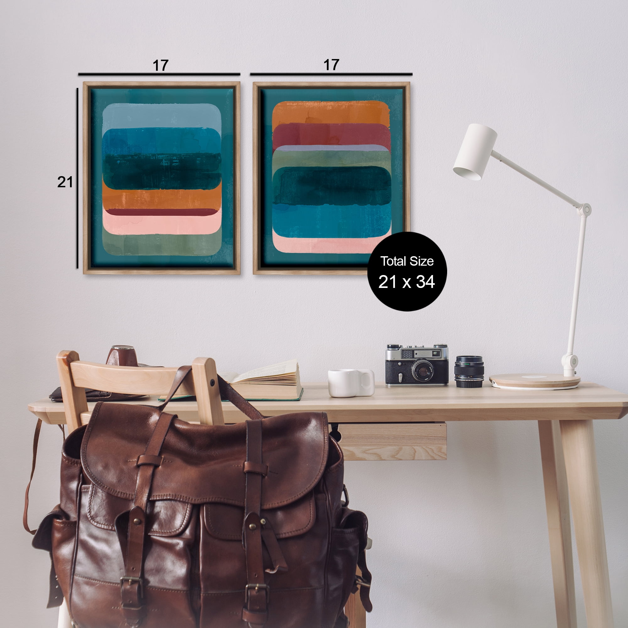 Stupell Industries Abstract Teal Stacked Colors Abstract Painting Brown Floater Framed Canvas Art Print Wall Art, 17 x 21, Set of 2