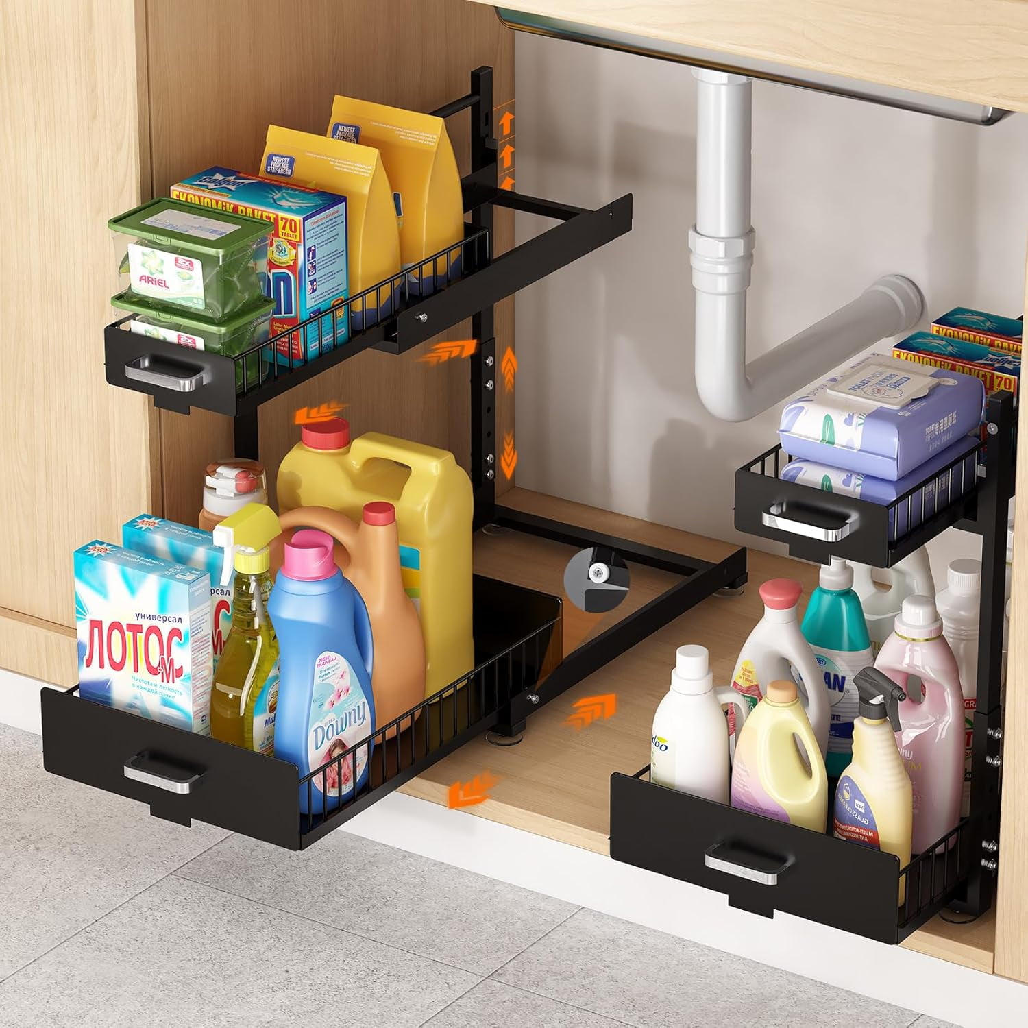 2 Pack Under Sink Organizer, 2 Tier Slide Out Cabinet Organizer with Pulley, Height Adjustable Pull Out Shelf for Kitchen, Bathroom, Laundry and Utility Storage, Gray
