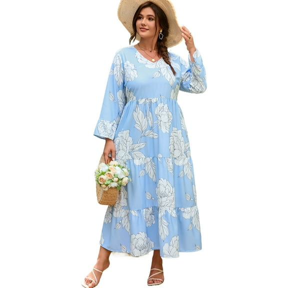 Plus Size Sky Blue Floral Bracelet Sleeve V Neck Tiered Maxi Dress for Women - [ZhiHiMeRi] | (US 14W-16W)1X