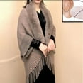 thumbnail image 2 of BWASD Shawl Wraps for Women Open Front Knitted Poncho Cape Scarf Plush Collar Tassel Fringed Loose Sweaters Casual Splicing Sweaters for Fall Winter Brown, 2 of 4