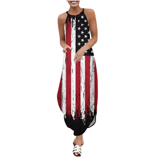 Día de la Independencia Mujer Verano Casual Sin Mangas Cuello Halter Tirante Falda Abertura Maxi Vestido Estampado Pompotops qwe13637