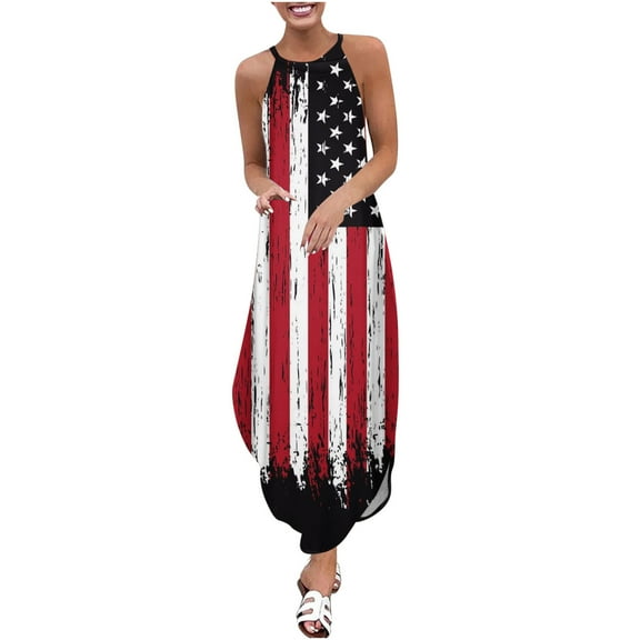 USSUMA Maxi Sundresses for Women Casual Summer American Flag Long Beach Dress Womens 4th of July Stars and Stripes Patriotic Plus Sun Dresses Halter Neck Sleeveless Dress Party Vacation