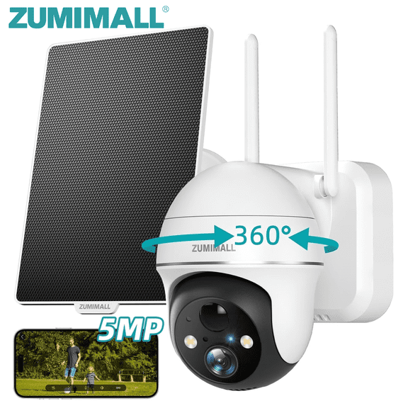 ZUMIMALL 5MP Solar Security Camera Wireless Outdoor, Color Night Vision, AI Human Detection, IP66 Waterproof, 2.4GHz WiFi for Home Surveillance