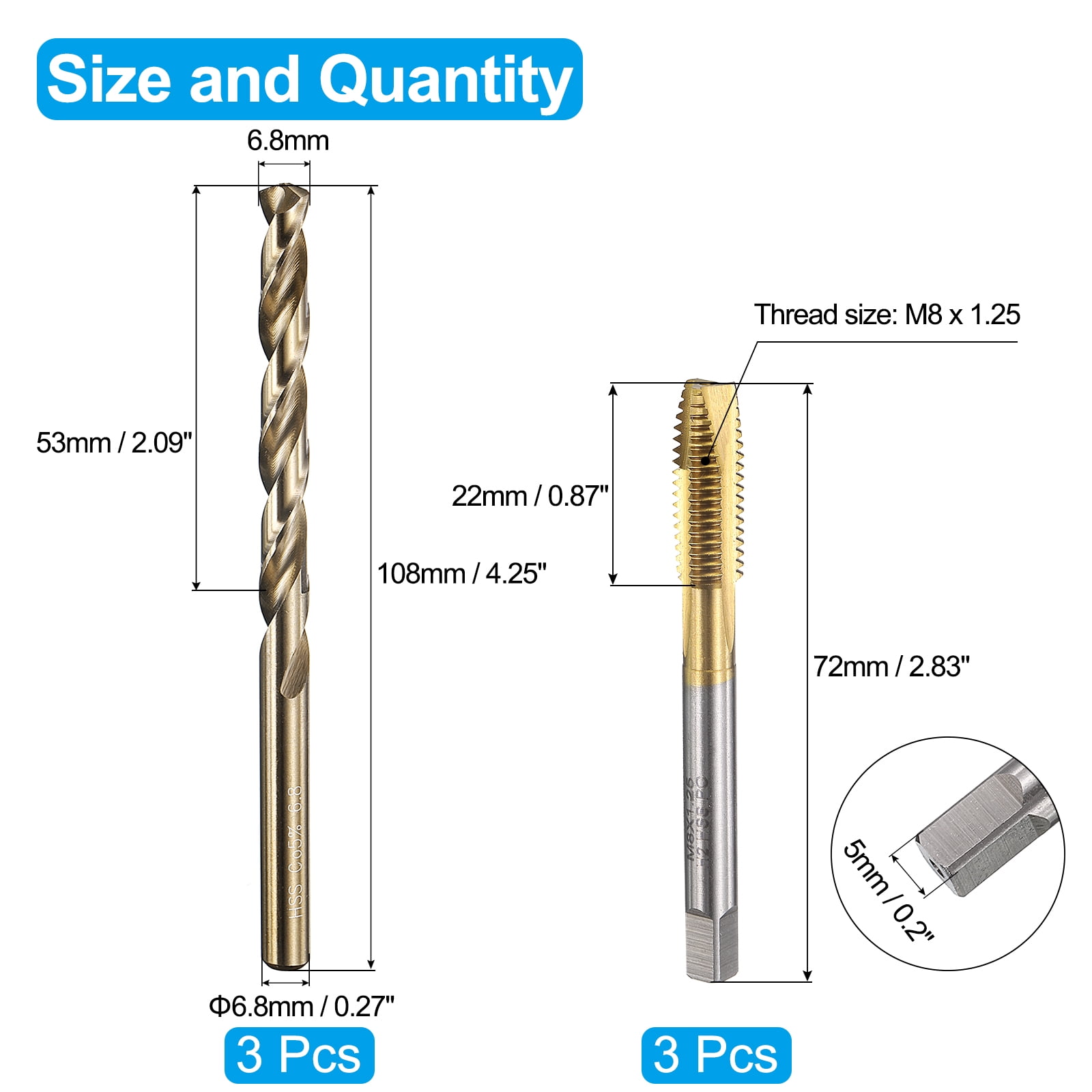 Uxcell Tap and Drill Bit Set, 3pcs M8 x 1.25 Metric Spiral Point Thread Screw Taps & 3pcs 6.8mm Twist Drill Bits, Titanium Coated/Roasted Yellow HSS-6542/M35 HSS-CO Tapping Threading Tool