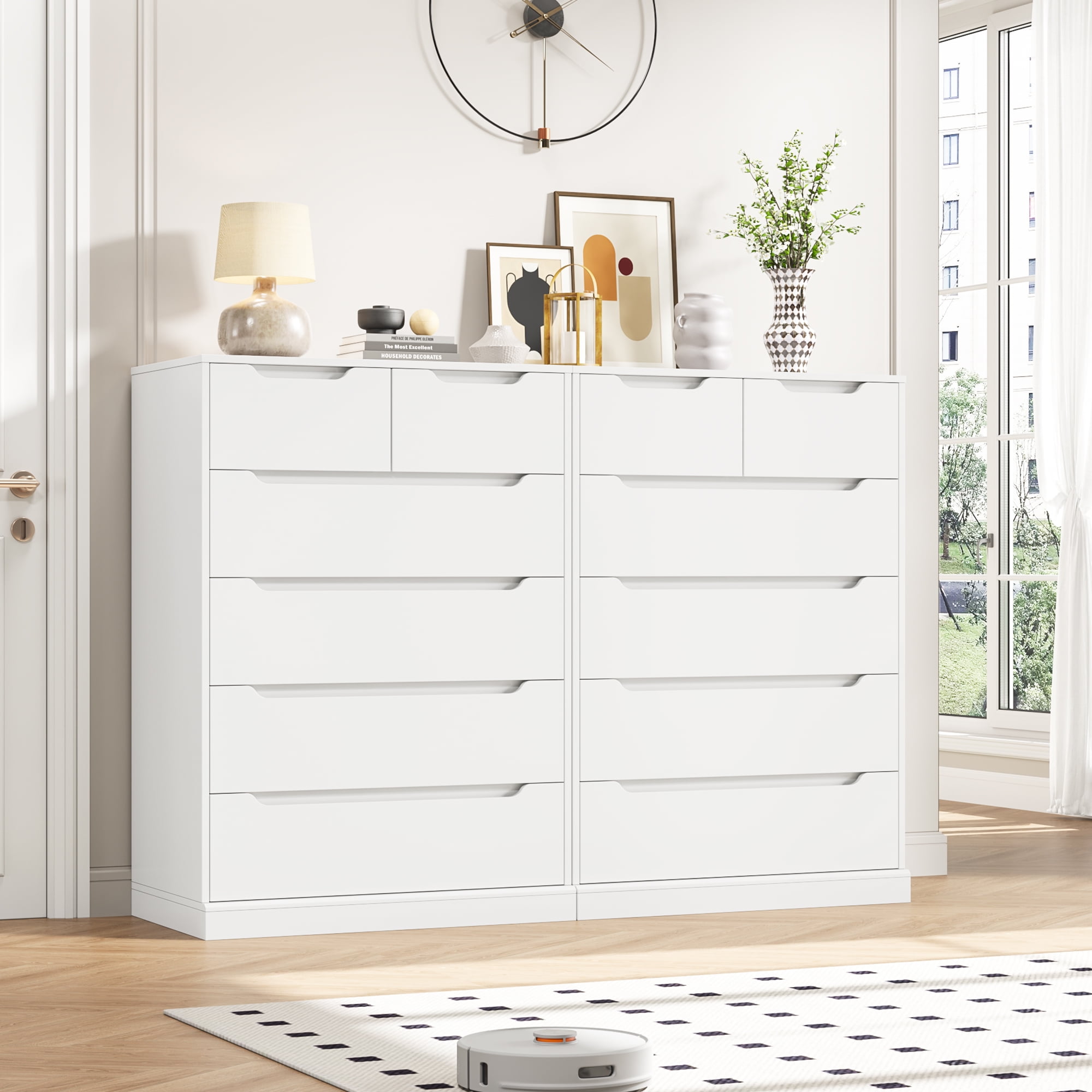 Homfa 6 Drawer White Dresser, 43.3" H Wood Storage Cabinet with Upgraded Stable Base Vertical Chest for Bedroom Living Room