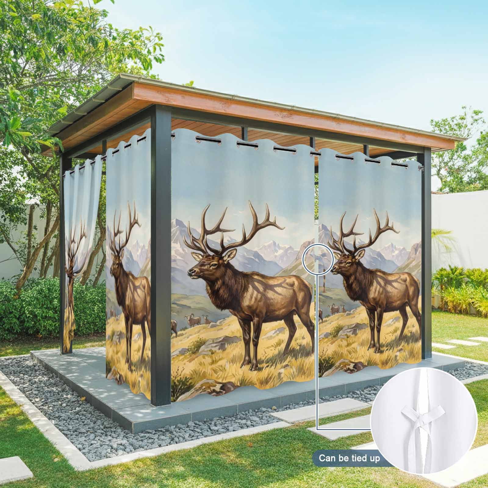 Majestic Elk Outdoor Curtains for Patio, Brown Wildlife Animal Rocks Snowcap Alpine Meadow Farm Sunshade Privacy Drapes Grommet Waterproof Outside Curtains for Porch/Cabana/Balcony 54"x 108", 1 Panel