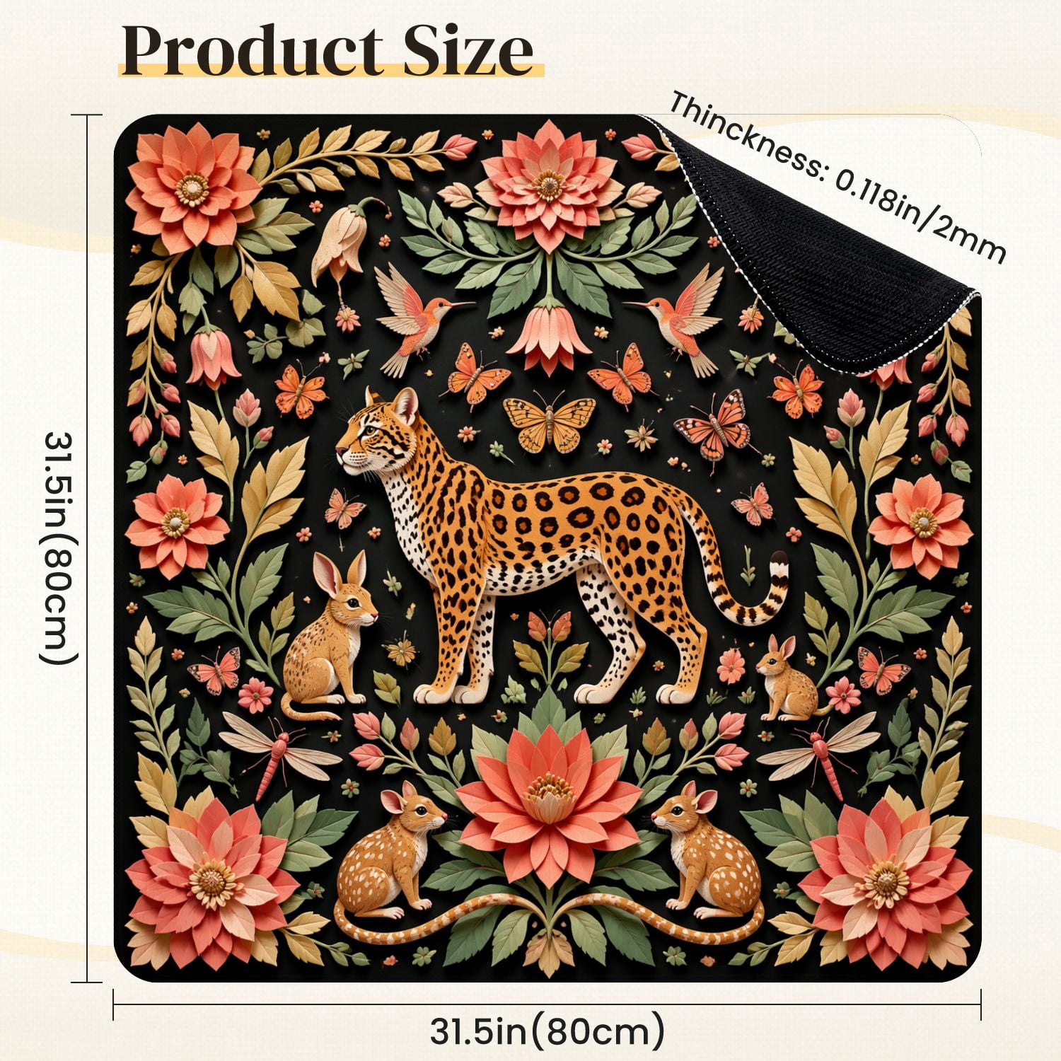 Mahjong Mat 31.5" x 31.5" Ornamental Wildlife Leopard Rabbits Butterflies Hummingbirds Pink Non-Slip Noise Reduction Mahjong Tiles Table Cover for Dominoes Poker Card Board and Tile Games