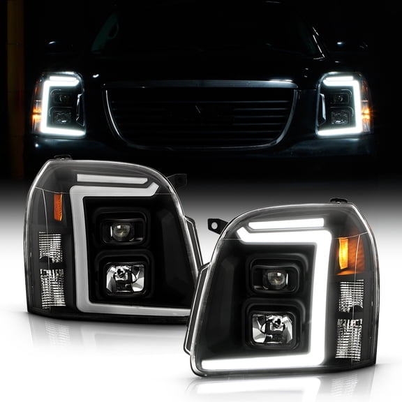 For 2007-2013 GMC Yukon Black Dual LED Tube Projector Headlights Headlamps Pair